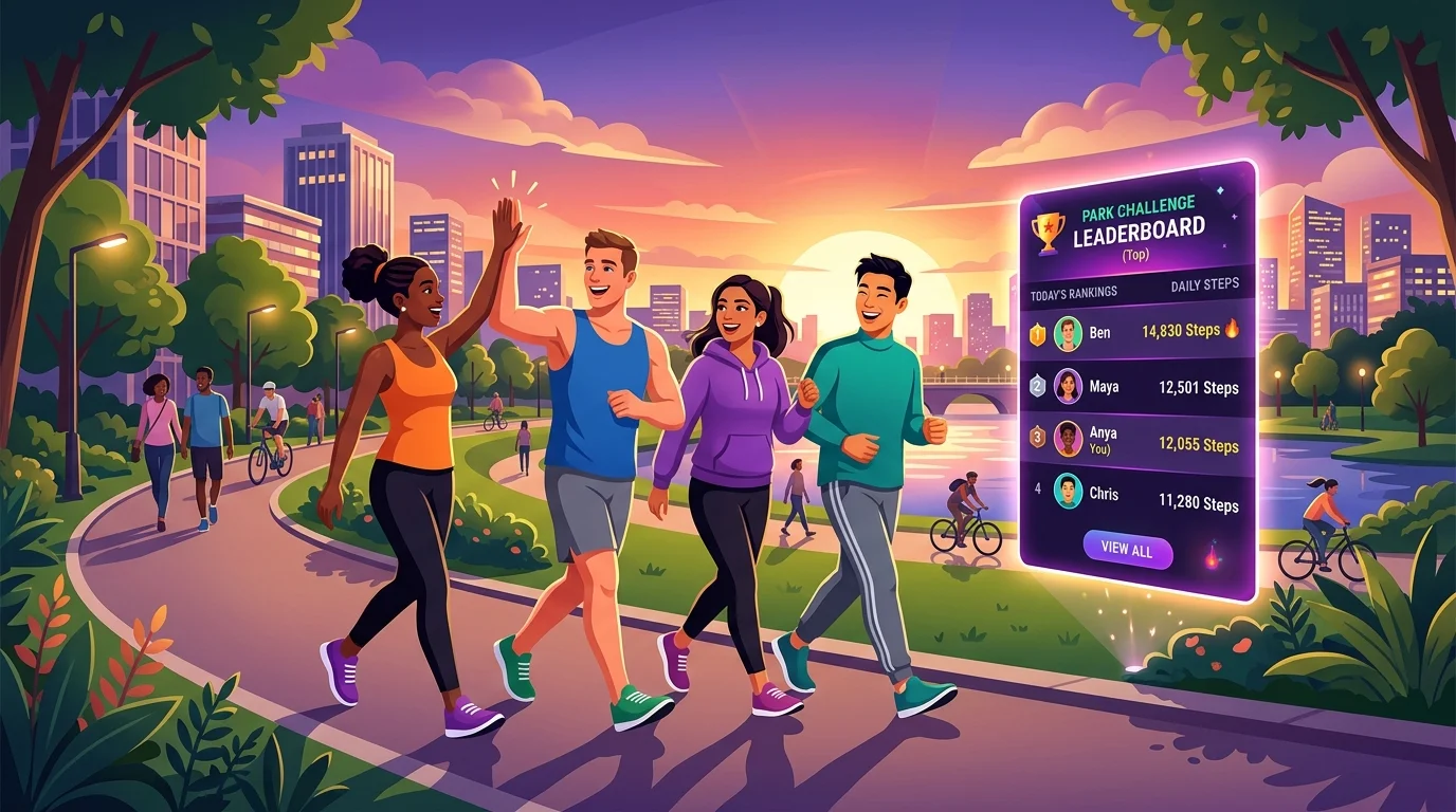 Group of diverse friends high-fiving along an urban park pathway with a glowing step challenge leaderboard