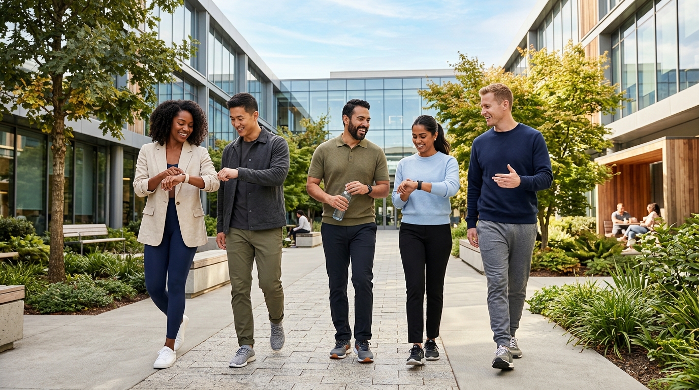 Coworkers walking and checking step stats together outdoors