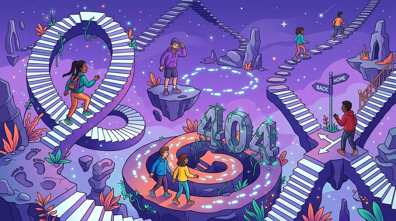 Illustrated fantasy landscape of The Land of Lost Steps — whimsical staircases, glowing footprint trails, and wandering people trying to find their way back